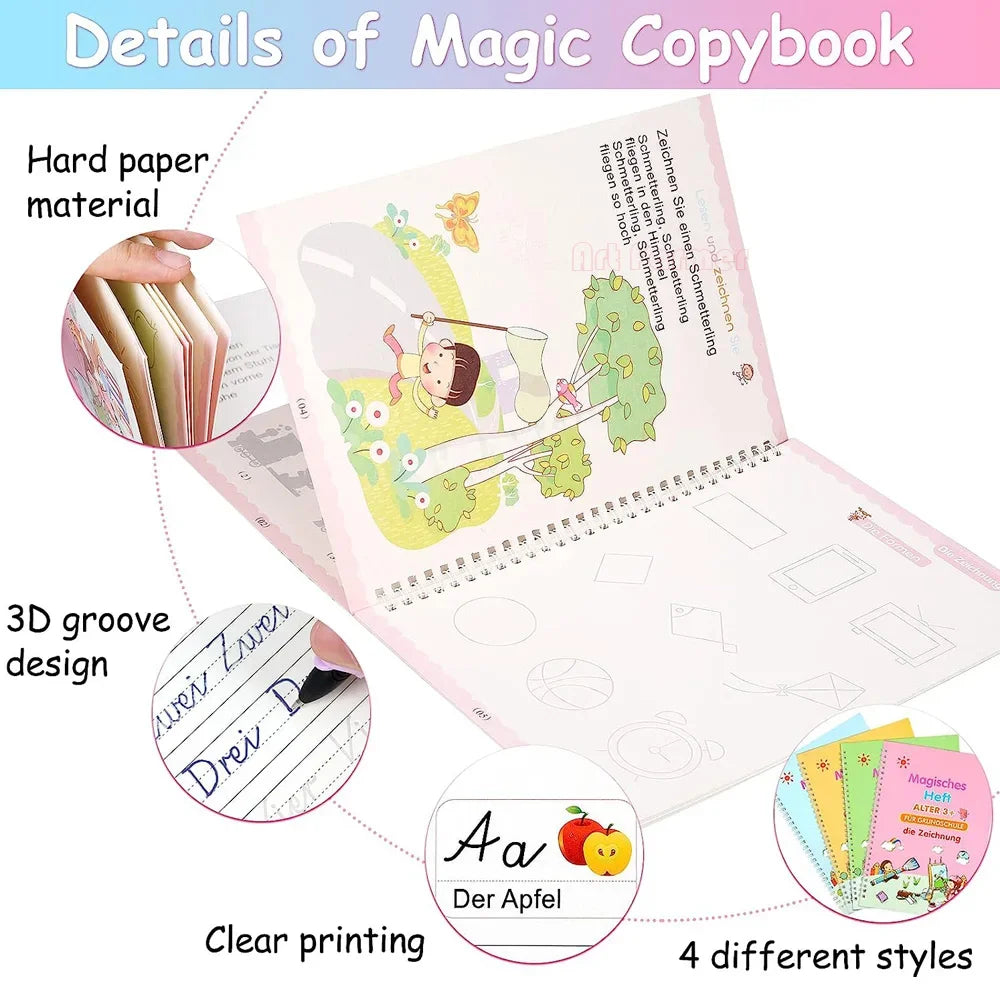 Magisches Arbeitsbuch, pädagogische Montessori-Bücher für Kinder, Stiftkontrolle, Training, wiederverwendbares Kalligraphie-Kopierbuch für Kinder